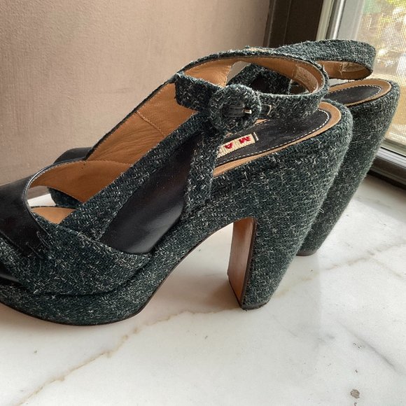 MARNI dark green tweed and black leather platform  pumps - Picture 3 of 8
